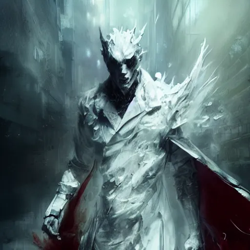 Image similar to a humanoid cyberpunk white dragon wearing a white mage robe by melmoth zdzislaw belsinki craig mullins yoji shinkawa realistic render ominous detailed photo atmospheric by jeremy mann francis bacon and agnes cecile ink drips paint smears digital cyberpunk, realistic anime, dramatic lighting, red light, red highlights