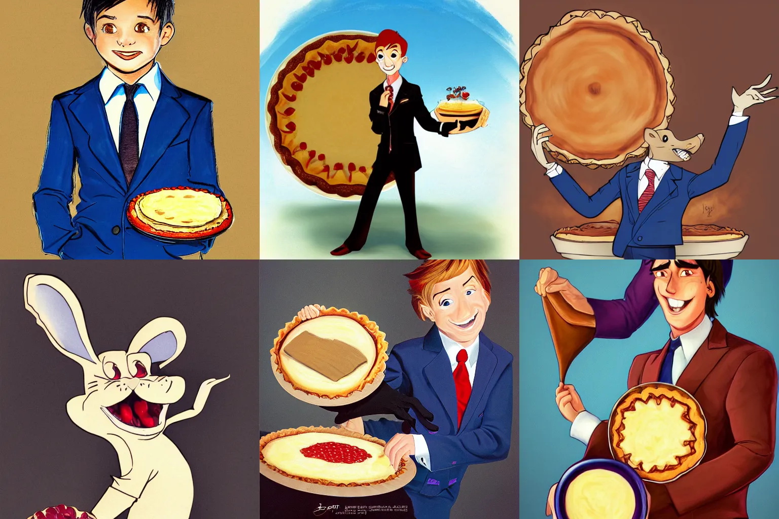 Prompt: portrait of a boy with big bunny teeth wearing an badly fitted dark business suit. Both his hands are cupped and he is holding a giant baked pie, concept art, smooth, sharp focus, illustration by Don Bluth