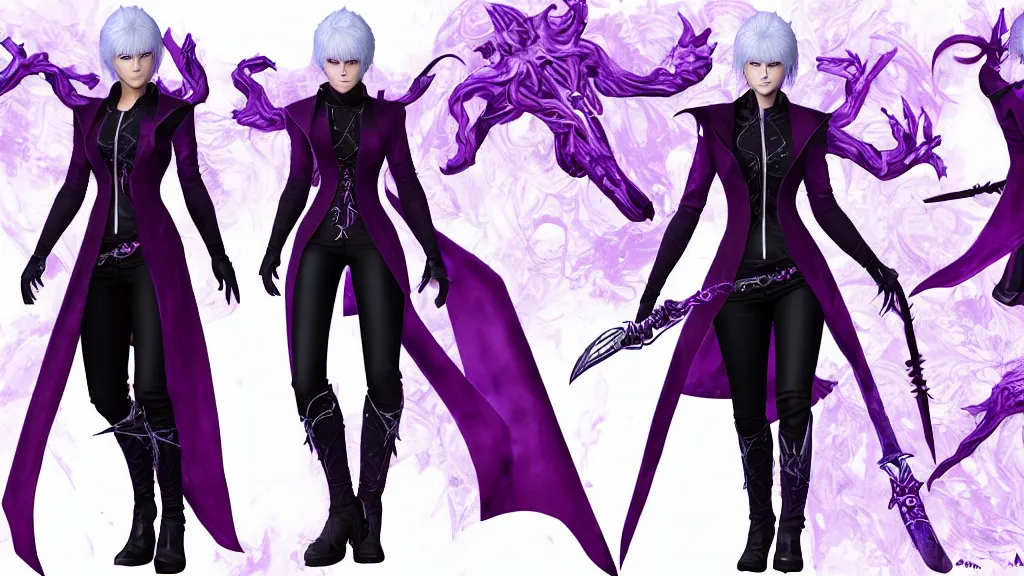 Image similar to devil may cry Vergil's daughter character design sheet, female, purple and black outfit, ghost sword, intricate, trending on artstation