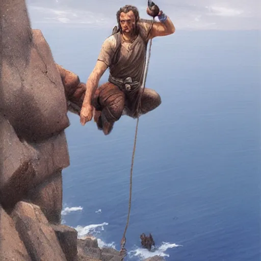 Image similar to adventurer hanging off a rocky cliff holding on by one hand, top down view by Greg Rutkowski by James Gurney