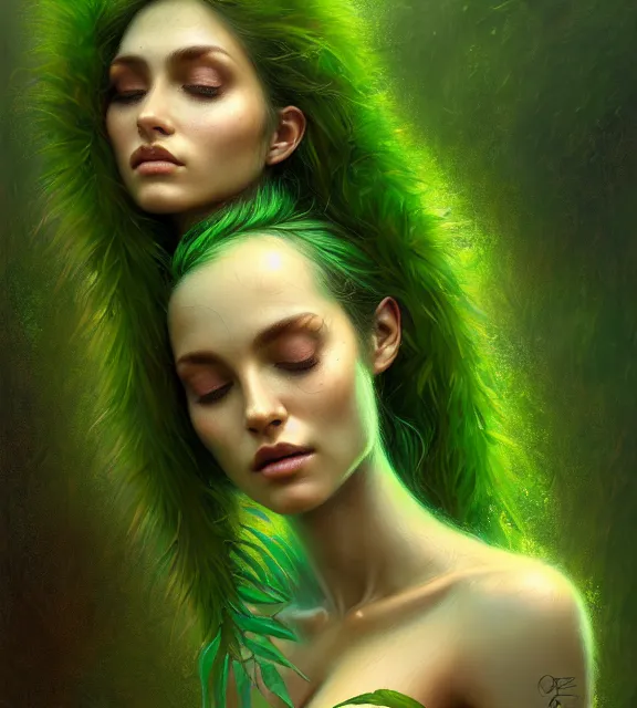 Image similar to beautiful female tree with bark skin wearing green leaf halter top, perfect face, dark green leaf hair, with abs, cinematic, blush, stunning, elegant, highly detailed, psychedelic, digital painting, artstation, smooth, hard focus, illustration, art by jessica rossier and and brian froud