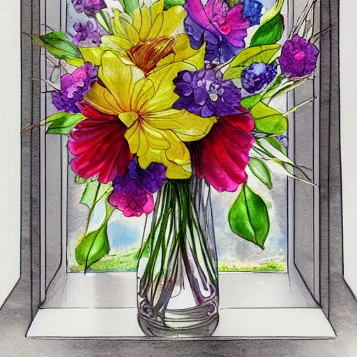 Prompt: a fancy vase with a colorful and beautiful flower arrangement by the fancy window. very stylize and delicate watercolor and pencil drawing. beautiful lighting, 4 k post - processing, trending in art station, cg society, highly detailed, 5 k extremely detailed