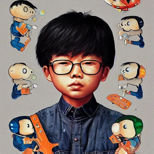 Image similar to an asian kid named joshua who speaks like a mushroom and likes to play video games and calculus problems for fun, an ultrafine detailed painting by james jean, behance contest winner, vanitas, angular, altermodern