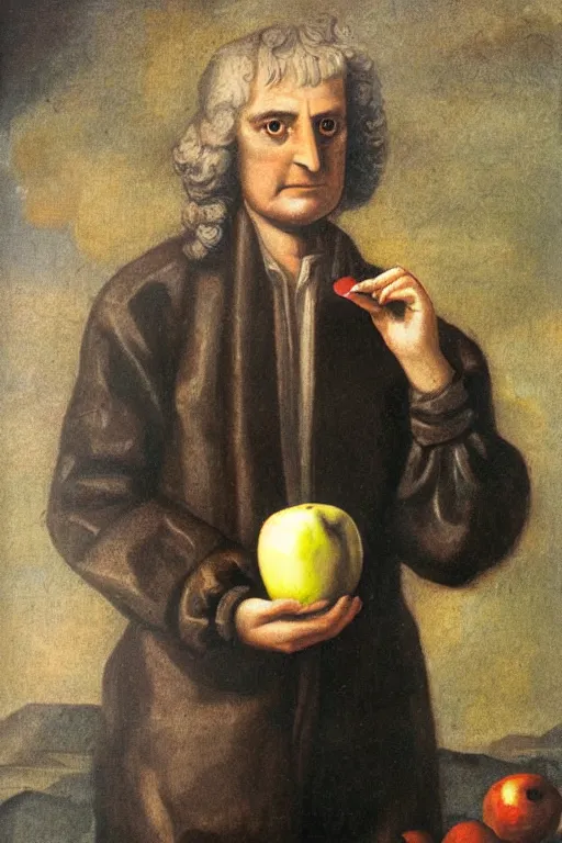 Prompt: isaac newton holding an apple, collage