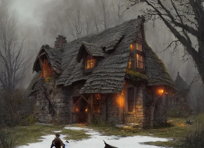 Image similar to The cottage of a witch, a fantasy digital painting by Greg Rutkowski and James Gurney, trending on Artstation, highly detailed