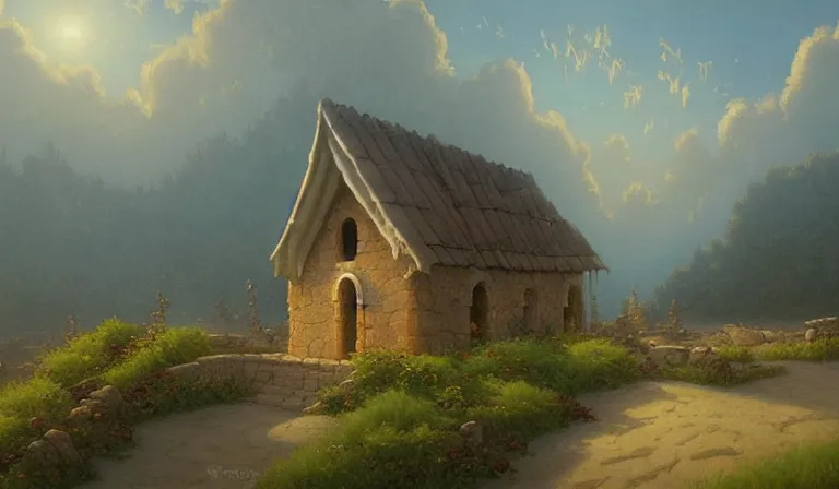 Image similar to A serene landscape with a singular building in the style of Christophe Vacher.