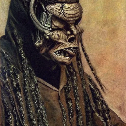 Image similar to portrait by h. r. giger of mikhail nikolayevich zadornov who became a degraded abomination, photo - realistic, color image, 2 k, highly detailed