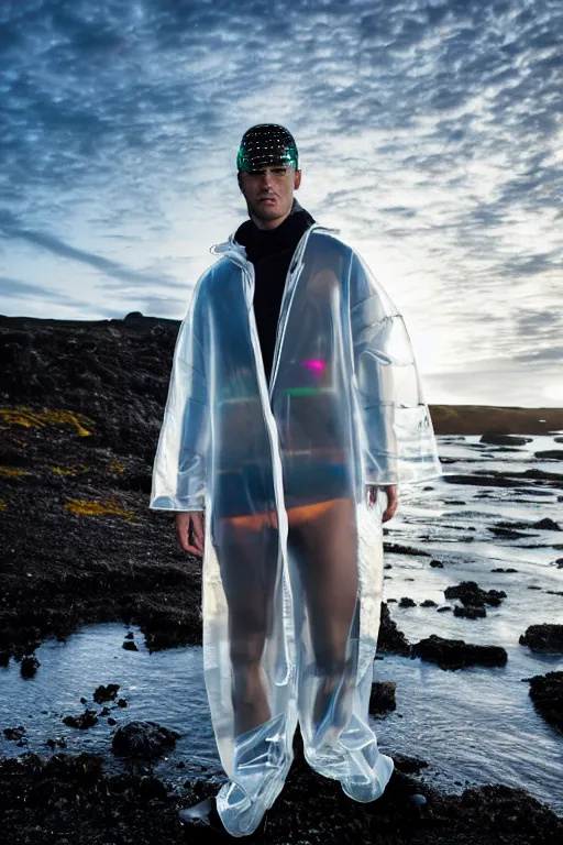 Image similar to an ultra high definition professional high fashion portrait studio full length photograph of a male model wearing a transparent pearlescent raincoat and neon visor planking in an icelandic black rock environment at dawn. no artefacts. extremely detailed. stark. refraction. shallow depth of field. volumetric light and shadow. ray tracing. light rays.