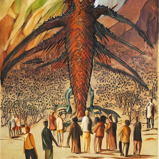 Image similar to A beautiful land art of a large, dragon-like creature with sharp teeth, talons, and a long tail. The creature is looming over a small group of people who appear to be in distress. burnt umber, in the desert by Wes Anderson, by Affandi rich details, loose