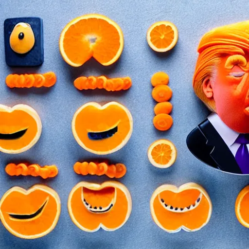 Prompt: edible donald trump made of orange skin for hair, butter and orange pieces for the face, blueberries for the suit, from the beautiful'food art collection ', dslr