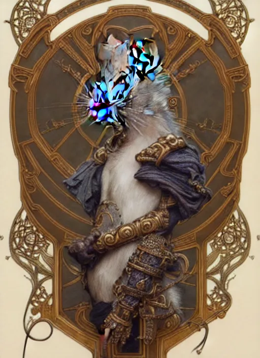 Image similar to symmetry!! portrait of a pet rat wearing detailed ornate armor, intricate, elegant, highly detailed, my rendition, digital painting, behance, concept art, smooth, sharp focus, illustration, art by artgerm and greg rutkowski and alphonse mucha and huang guangjian and gil elvgren and sachin teng