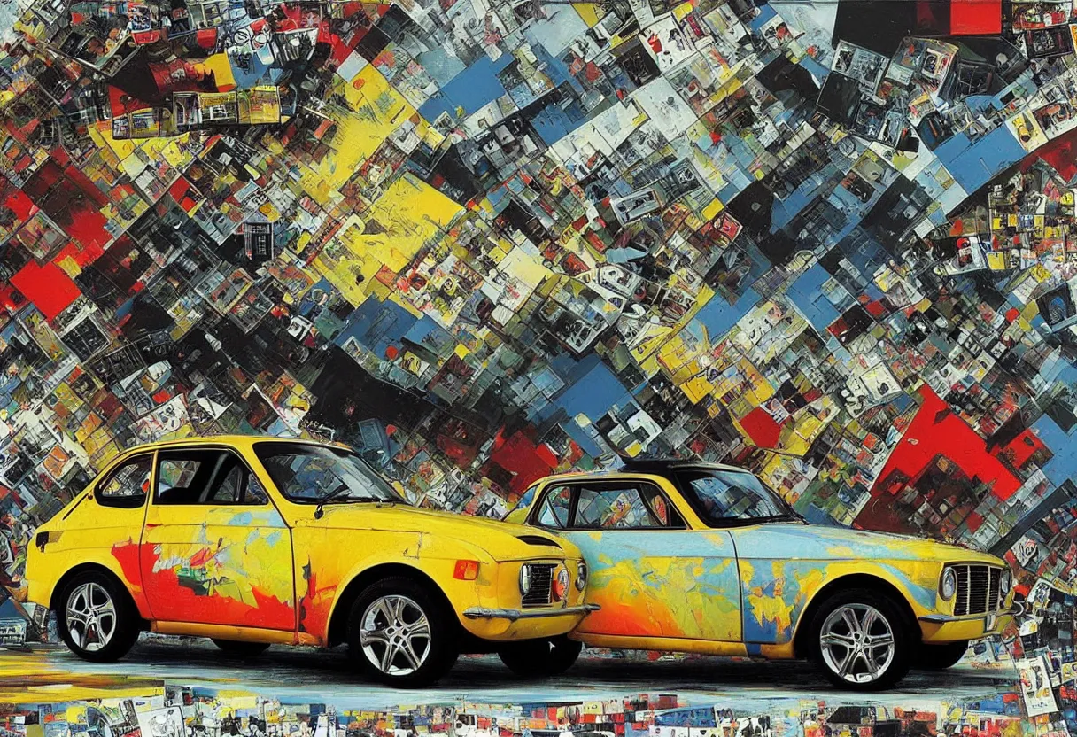 Image similar to yugo car against concrete wall as pop art, matte painting, hyperdetailed, coherent, art nouveau, beautiful render, concept art by mimmo rotella and paul robertson