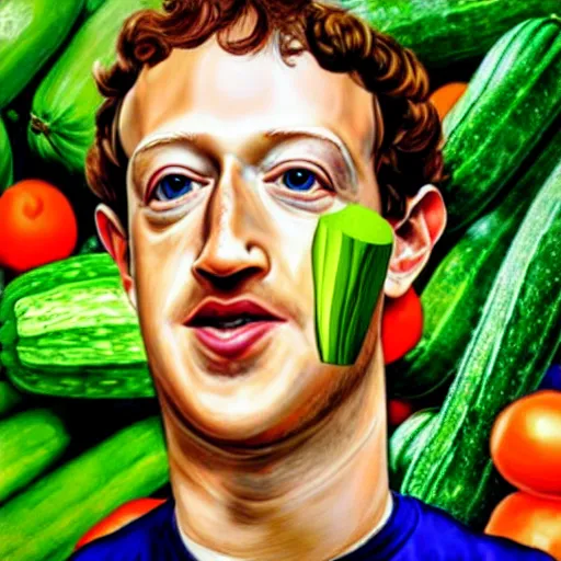 Image similar to mark zuckerberg as a zucchini, vegetable market stand in the background, digital painting by arcimboldo