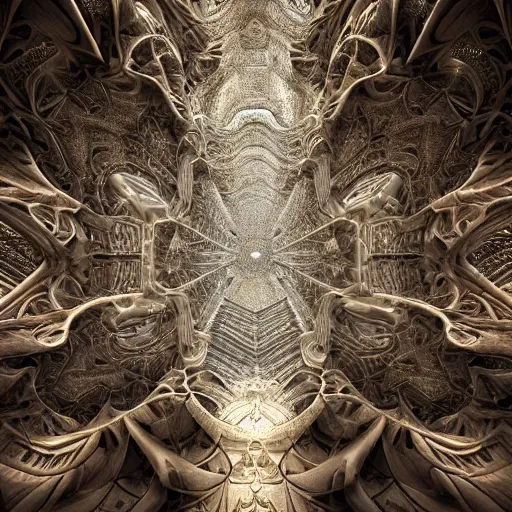Image similar to a hyperrealistic 3 d render of a huge sprawling fractal cathedral interior populated by mandelbrot fractals by android jones, unreal engine, carved soap, white color scheme, volumetric lighting, octane render, dramatic lighting, glowing, carved marble, opalescent, carved wood, sacred geometry, religious, angelic, catholicpunk, stark, 8 k, ultra detailed