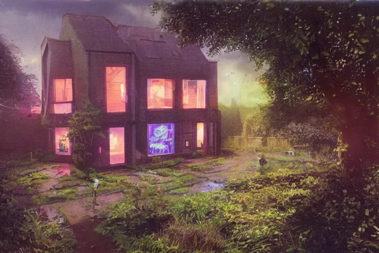 Image similar to cyberpunk, an estate agent listing photo, external view of a 5 bedroom detached countryside house in the UK, by Paul Lehr