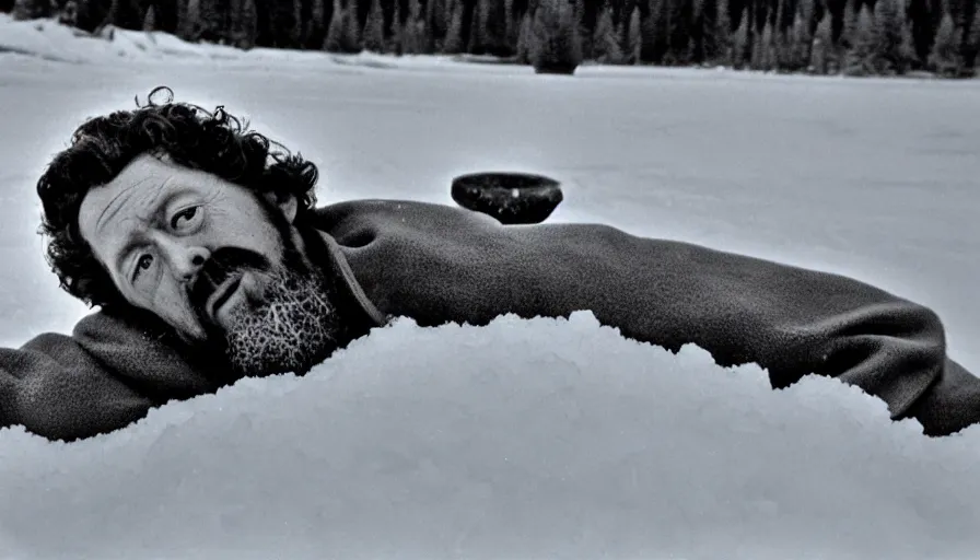 Prompt: 1 9 6 0 s movie still close up of marcus aurelius ill frozen lay on the snow by the side of a river with gravel, pine forests, cinestill 8 0 0 t 3 5 mm b & w, high quality, heavy grain, high detail, texture, dramatic light, anamorphic, hyperrealistic, detailed hair, foggy