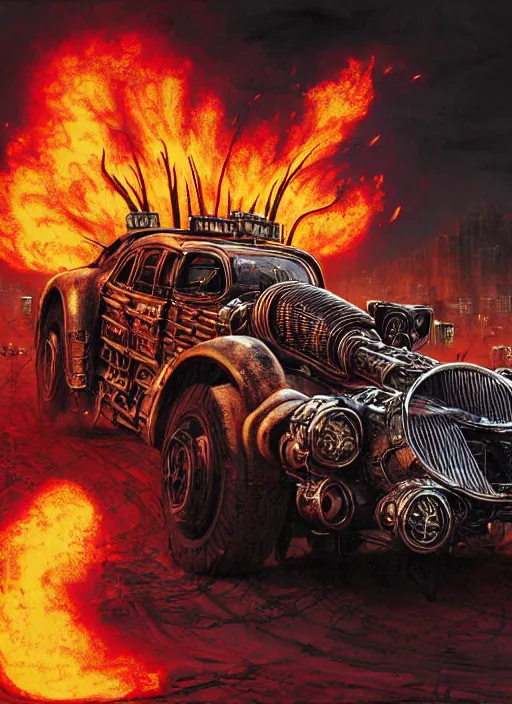 Prompt: portrait of a punk man driving a burning man car, background is on fire, mad max style, warhammer 40000, cyberpunk, intricate, highly detailed, digital painting, artstation, concept art, smooth, sharp focus, illustration, art by Amano and Karol_Bak and artgerm and greg rutkowski and alphonse mucha and Gustav Klimt and Kojima