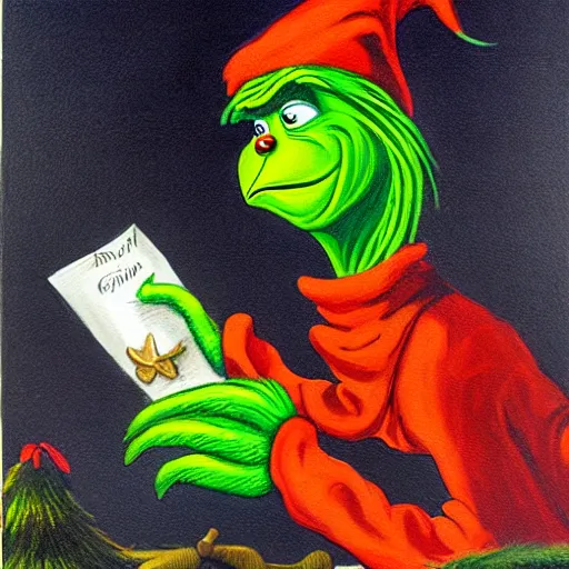 Prompt: a painting of the grinch dressed as a highwayman robbing a stagecoach