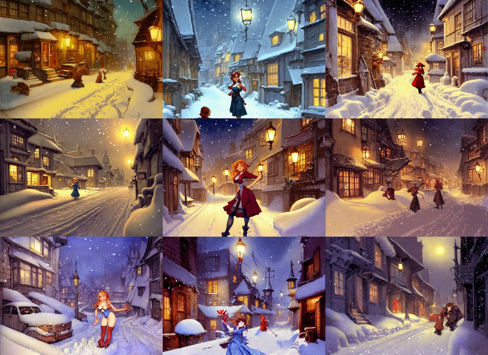 Prompt: a night scene of a snowy street with a pinup asuna from sao, a detailed painting by anton pieck and gil elvgren, deviantart contest winner, fantasy art, concept art, official art