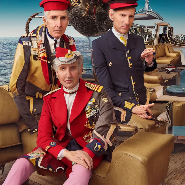 Prompt: high fashion photoshoot octane render portrait by wayne barlow and carlo crivelli and glenn fabry, a distinguished sea captain wearing a wes anderson designed uniform and a small monkey in a sailor costume inside a high - end exotic colorful pastel vintage boutique nautical hotel lounge, very short depth of field, bokeh