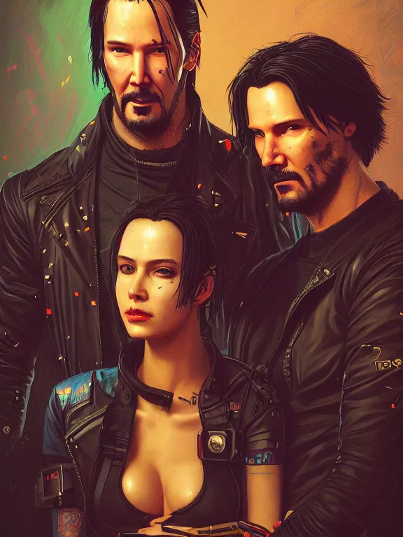 Image similar to a cyberpunk 2077 couple portrait of Keanu Reeves and V,love story,film lighting,by laurie greasley,Lawrence Alma-Tadema,William Morris,Dan Mumford,trending on atrstation,full of color,Digital painting,face enhance,highly detailed,8K, octane,golden ratio,cinematic lighting