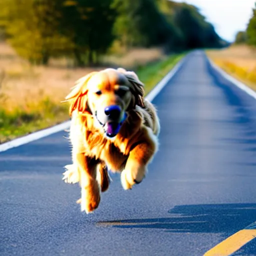 Image similar to photo of a golden retriever running on a highway