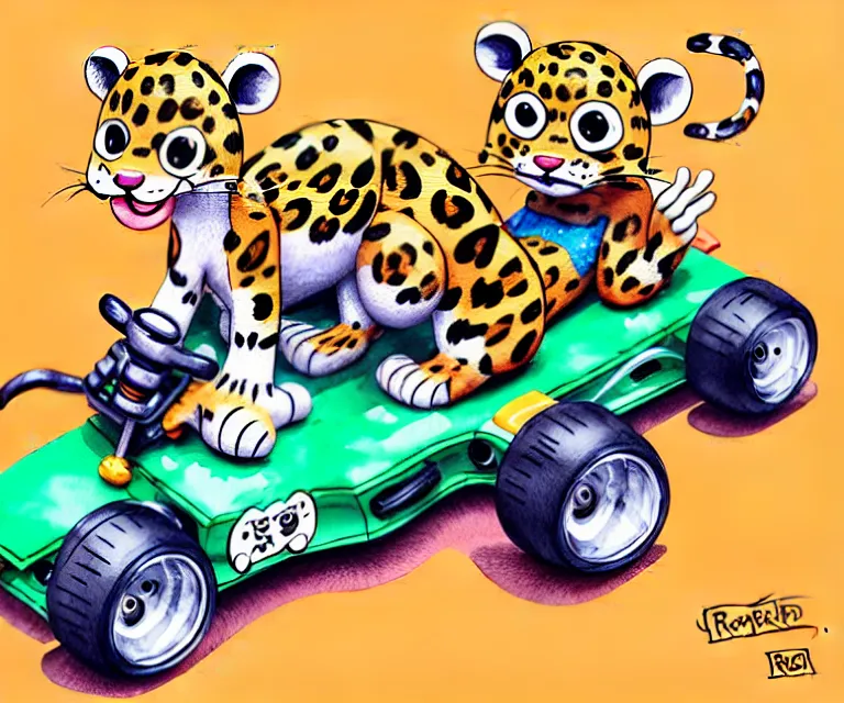 Image similar to cute and funny, baby leopard riding in a tiny go kart with oversized engine, ratfink style by ed roth, centered award winning watercolor pen illustration, isometric illustration by chihiro iwasaki, edited by range murata, tiny details by artgerm and watercolor girl, symmetrically isometrically centered