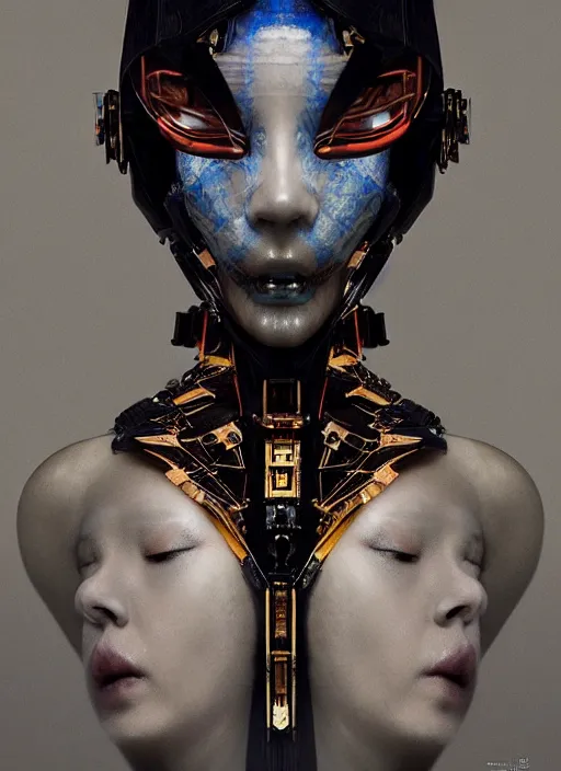 Image similar to portrait of a futuristic geisha cyborg, in the style of ghost in the shell, kintsugi, modern fine art, fractal, intricate, elegant, highly detailed, digital photography, subsurface scattering, by jheronimus bosch and erwin olaf and pieter hugo and bruce davidson and greg rutkowski,