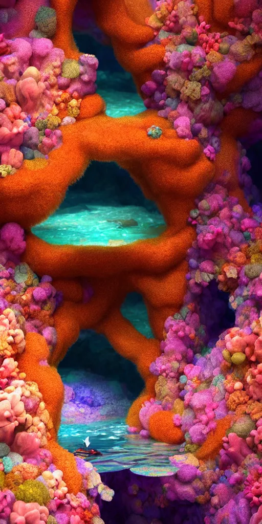 Image similar to of a colorful under water cave with swimming cute fluffy caracals, sandy coral, in the style of gehry and gaudi, macro lens, shallow depth of field, ultra detailed, digital painting, trending artstation, concept art, illustration, cinematic lighting, photorealism, epic, octane render