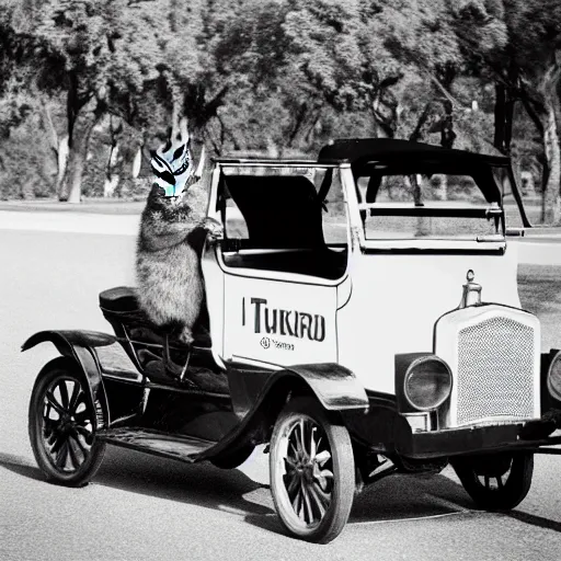 Image similar to a quokka, driving a model t ford, black and white photograph