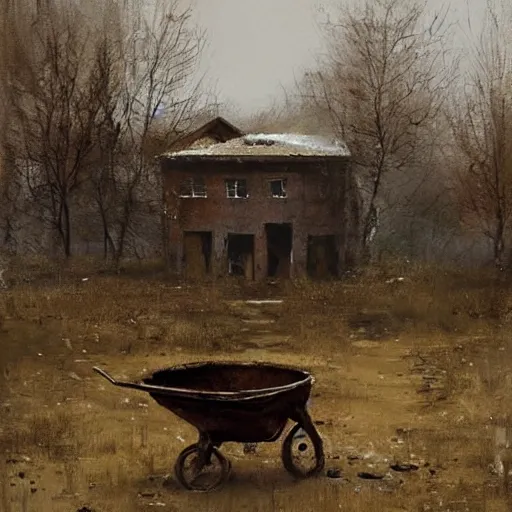 Image similar to painting by jakub rozalski of a child walking with a wheelbarrow in an abandoned post soviet town infested with root monsters