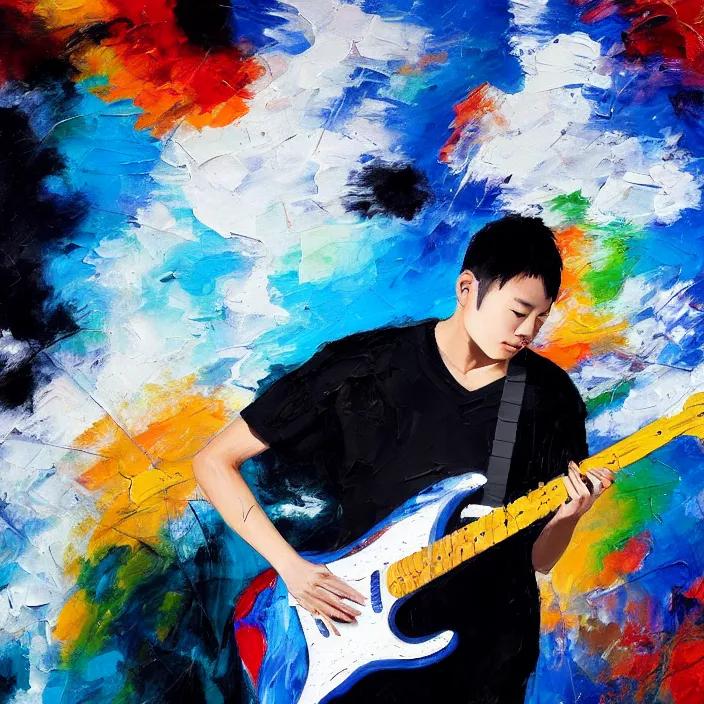 Image similar to abstract large swirly brush strokes painting of a young korean man wearing black v neck t shirt holding a telecaster!!! electric guitar!!, candid!! dark background, huge thick flowing dramatic brush strokes, matte colors, abstract, emotional masterpiece, impressionist, motion, trending on artstation