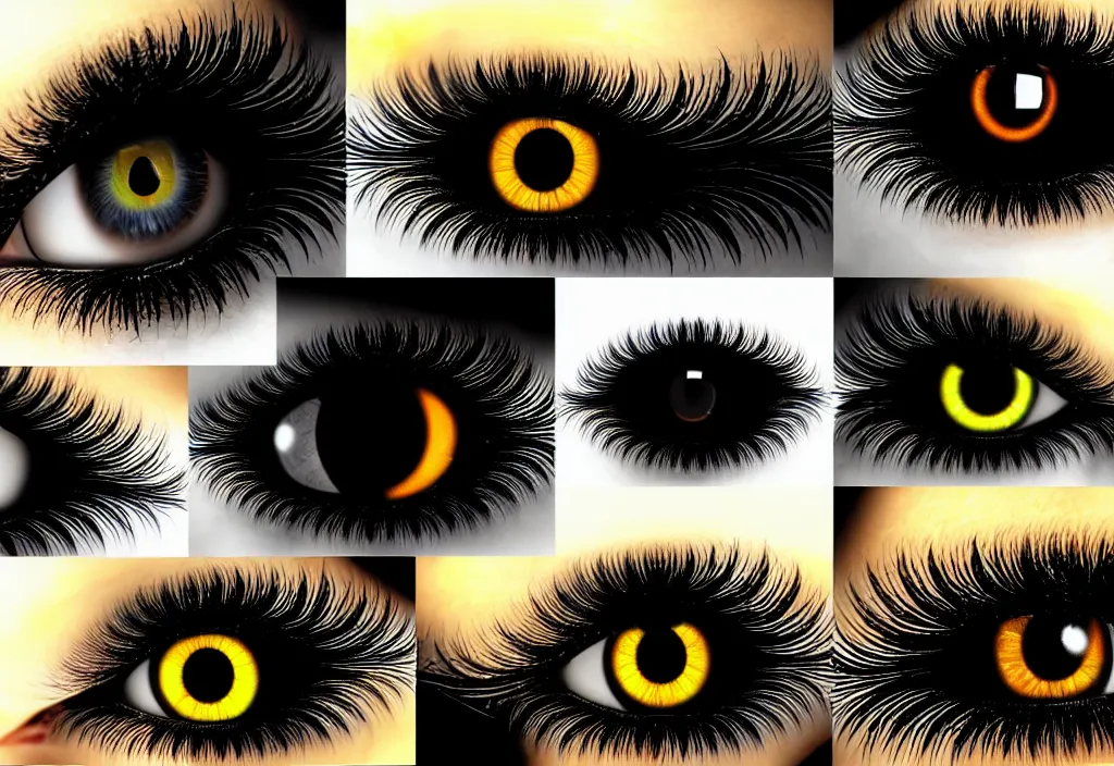 Image similar to grid montage of cube shaped eyes, square shaped black dilated pupils, cube shaped irises, detailed colored textures, eyelashes, advanced art, art styles mix, from wikipedia, wet reflections in square eyes, sunshine light, hd macro photograph, from side, various eyelid positions, square black pupil centered