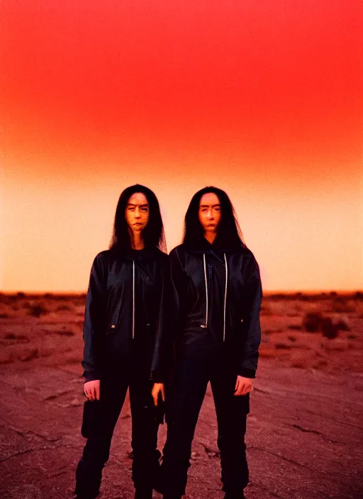 Image similar to cinestill 5 0 d photographic portrait of two loving clones, women wearing rugged black techwear on a desolate plain with a red sky, closeup, diverse species, cyberpunk, in front of a brutalist dark metal facility, dust storm, 3 5 mm, 8 k, depth of field, high resolution