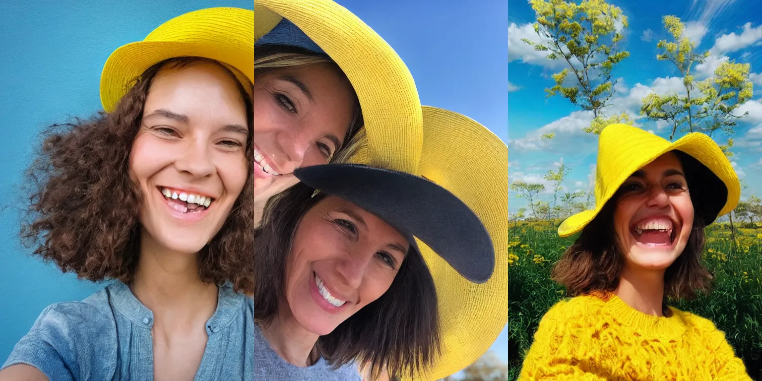 Prompt: a smiling women taking a zoomed out selfie, hyper realistic photography, highly detailed, sharp focus, good vibes, realistic, highly detailed attribute, award winning, art by portrait realistic illustrators, wearing a yellow hat, short hair