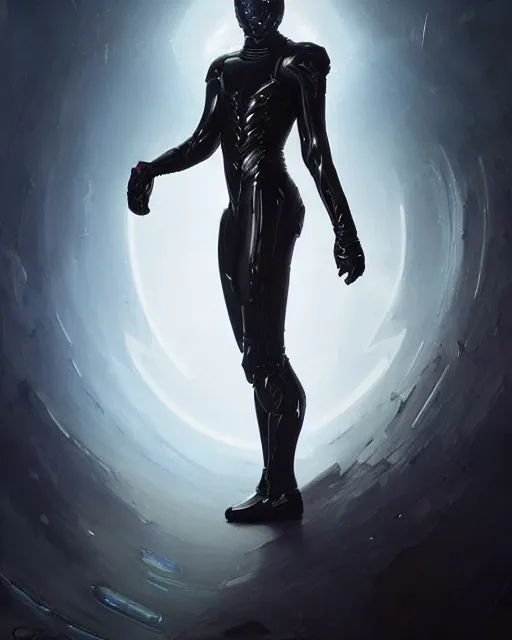 Image similar to iridescent sinewy smooth muscular male sleek glossy black pearlescent scifi armor with smooth black featureless helmet, by greg rutkowski, mark brookes, jim burns, tom bagshaw, magali villeneuve, eve ventrue, cgsociety, trending on artstation