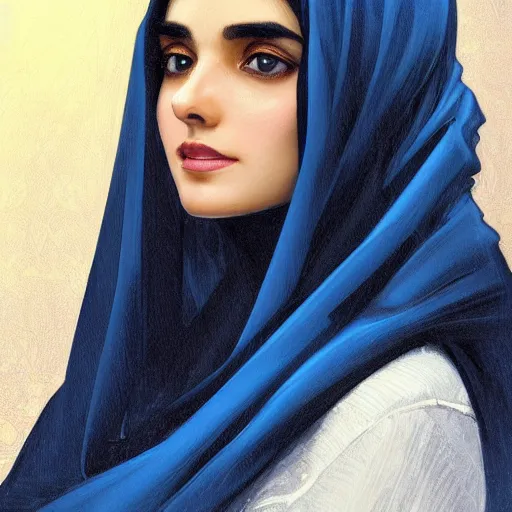 Image similar to modern Ameera al-Taweel, bright blue eyes, wavy black hair, white veil, highly detailed, digital painting, artstation, concept art, smooth, sharp focus, illustration, ArtStation, art by artgerm and greg rutkowski and alphonse mucha and J. C. Leyendecker and Edmund Blair Leighton and Katsuhiro Otomo and Geof Darrow and Phil hale and Ashley wood and Ilya repin and Charlie Bowater