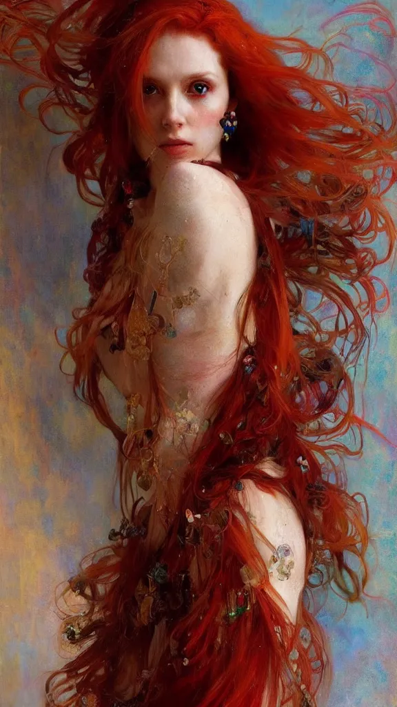 Image similar to a highly detailed beautiful red haired woman, adorned with precious stones, intricate by jeremy mann and alphonse mucha, 8 k resolution, trending on artstation, very very detailed, masterpiece, stunning,