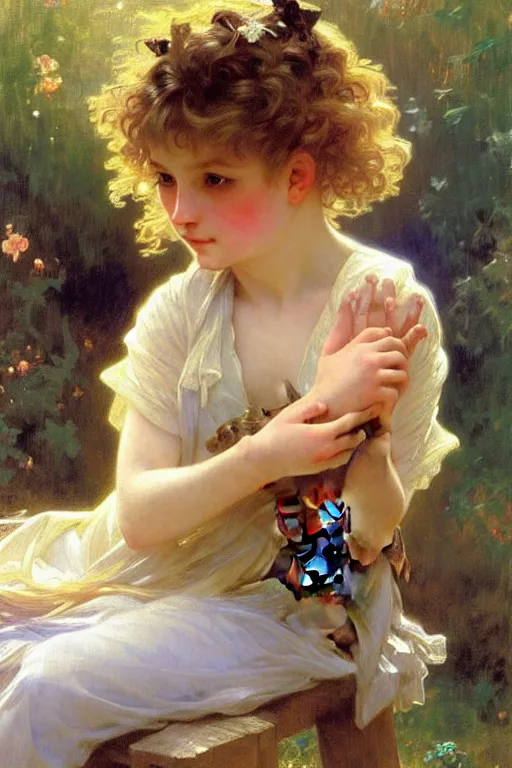 Image similar to a seven - year old with curly dirty blonde hair, blue eyes, tan skin playing with foxes, painting by daniel gerhartz, alphonse mucha, bouguereau, detailed art, artstation