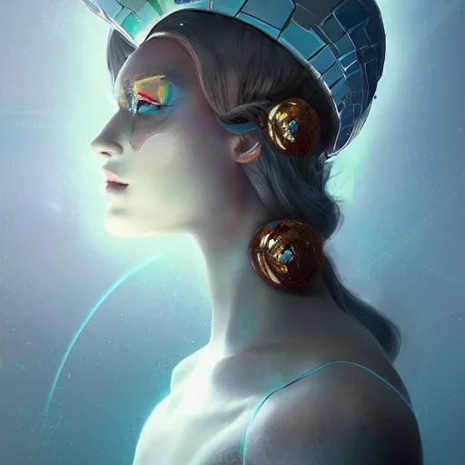 Prompt: beautiful futuristic goddess of jesters wearing a costume head piece and makeup, 8k resolution digital painting, cool cinematic lighting, DeviantArt Artstation, by Jason Felix and Ross Tran and Alessio Albi and Marta Syrko and WLOP