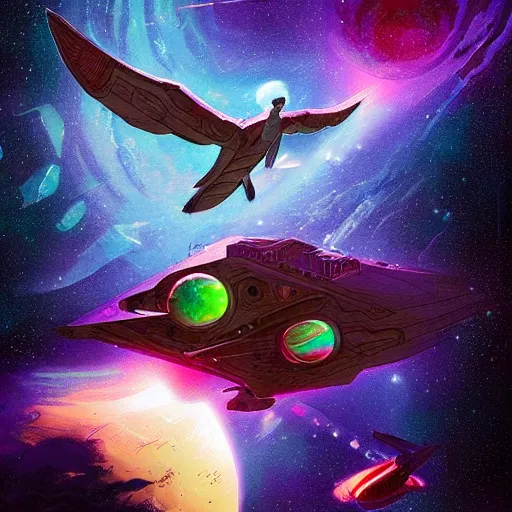 Image similar to interloper flying in the space no man's sky colorful, fantasy, intricate, highly detailed, digital painting, hq, trending on artstation, illustration, style of stanley artgerm and greg rutkowski and dan mumford