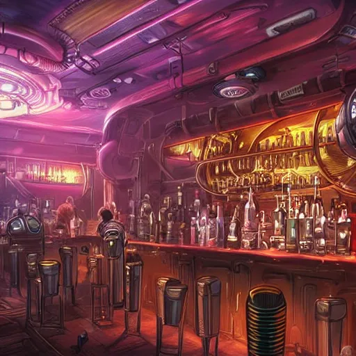 Prompt: a steampunk planet earth, has a drink at a bar. digital art, dramatic lighting, comedy, science fiction, epic fantasy, surreal. style of fifth element ( film )