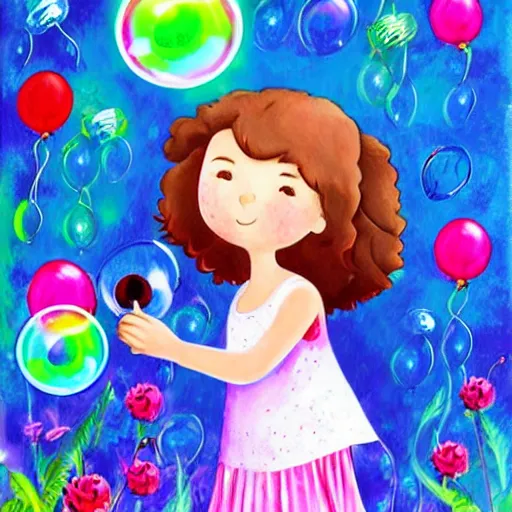 Prompt: a little girl in a beautiful garden blowing bubbles. beautiful cartoon painting art, high quality, detailed face, on a birthday card