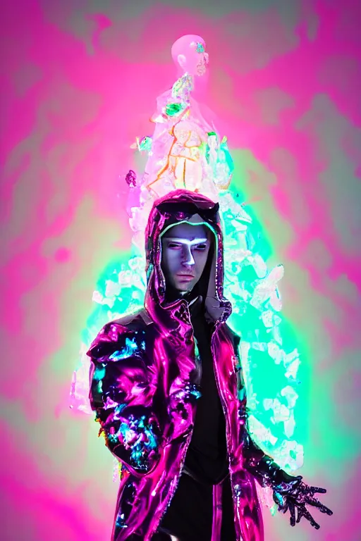 Image similar to photo of fullbody rococo and cyberpunk delicate neon crystalline sculpture of handsome muscular onyx albino marble prince joe jonas as an mint iridescent humanoid deity wearing pink plastic hooded cloak holding an onyx skull in a onyx space dungeon, reclining, glowing yellow face, crown of white diamonds, cinematic lighting, photorealistic, octane render, 8 k, depth of field, 3 d