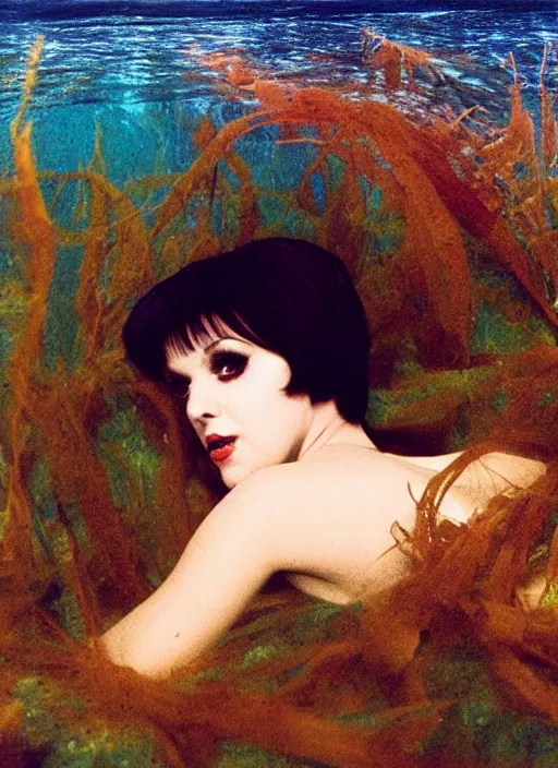 Image similar to liza minelli laying under the sea on the seabed amongst the weeds, underwater shot, submerged, medium shot, on the bed of the river preraphaelite colour photography by rosetti, 8 k