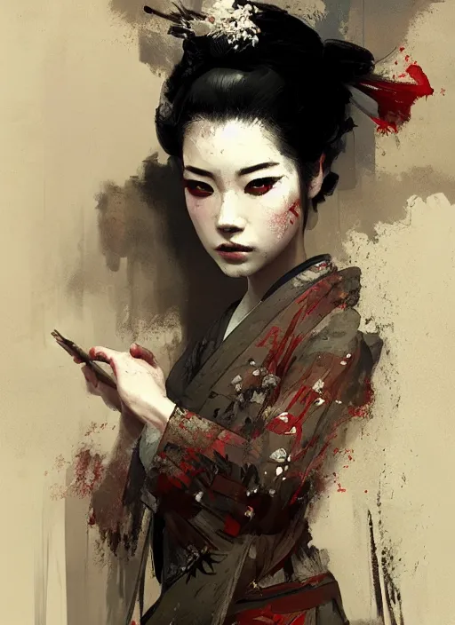 Image similar to female geisha girl, beautiful face, rule of thirds, intricate outfit, spotlight, by greg rutkowski, by jeremy mann, digital painting