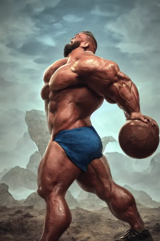 Image similar to a muscular man carrying the Earth on his back, big beard, bold, hyperrealistic, concept art, octane render, unreal engine 5, trending on Artstation, high quality, highly detailed, 8K, soft lighting, anatomically correct, five fingers, blue background, geometric, digital art, trending on DeviantArt, matte painting, fantasy style, dramatic lighting, cinematic