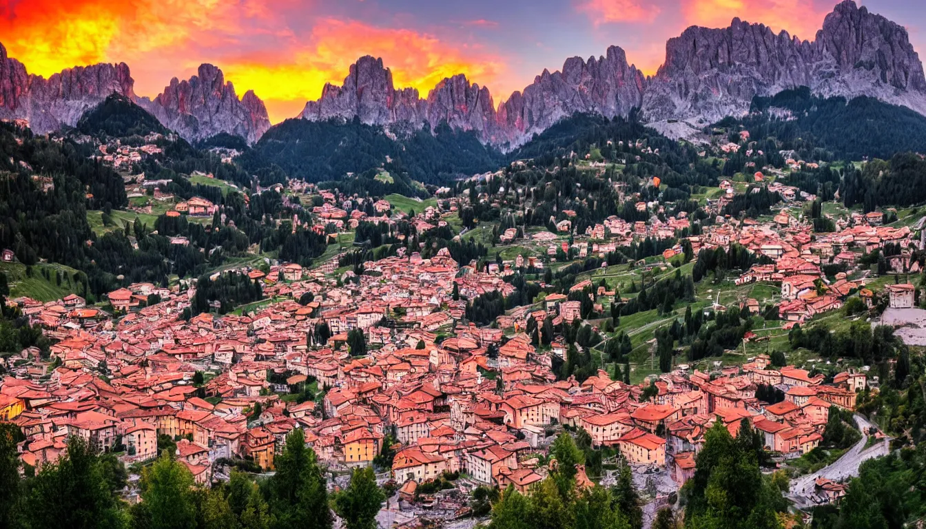 Image similar to an italian town in the dolomites mountains, hellish red sky