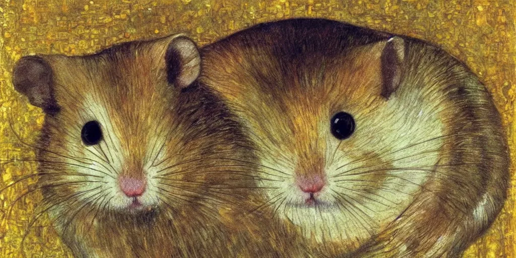 Prompt: a cute little hamster by klimt, gustav, art nouveau, symbolism, portrait