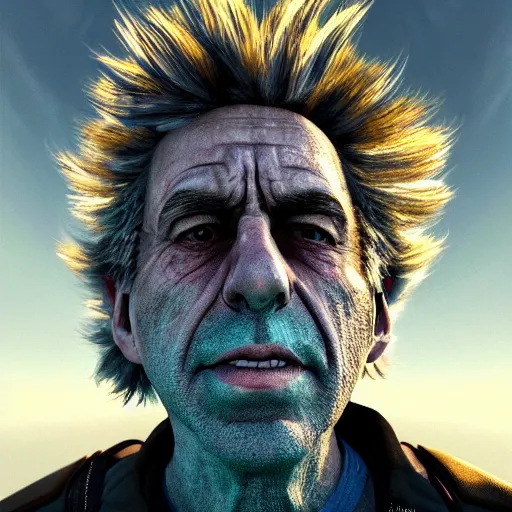 Image similar to portrait of real life rick sanchez. photo realism. dramatic lighting. alien planet background. 4 k